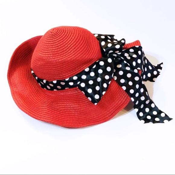 Other - Red Floppy Straw Polka dot scarf